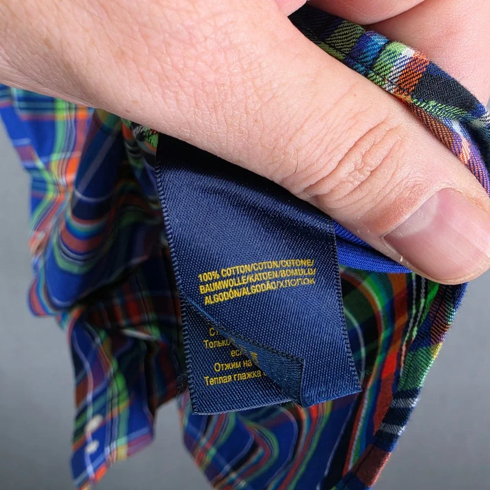 Ralph Lauren Shirt Madras Plaid Blue Orange Green XL Boys Cotton Button Down RL